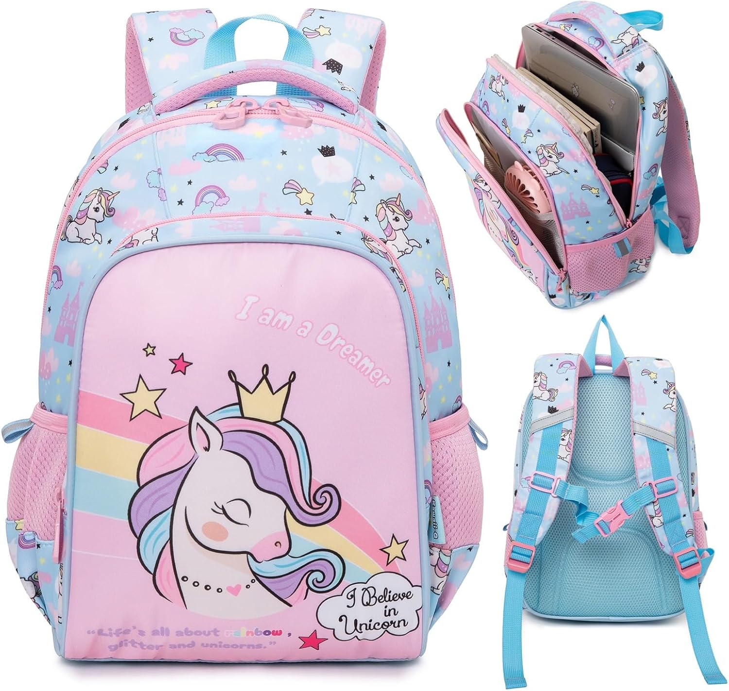 Pink and Purple Unicorn Themed Backpack: Features a winged unicorn and "Time to be a Unicorn" text.
www.usmile.toys